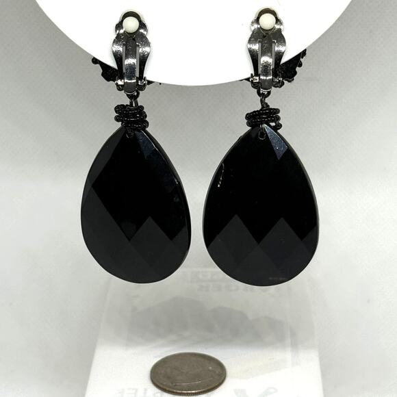 Chico’s Black Rhinestone Teardrop Clip-On Earrings 3.12” Statement Vintage - Picture 2 of 3